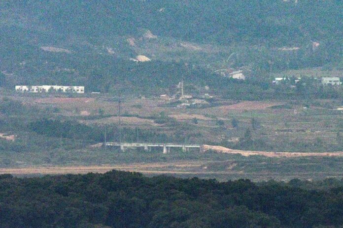 A mound of dirt is heaped near a structure along the Gyeongui Line road in the northern part of the Demilitarized Zone (DMZ), which separates the North Korea and South Korea.