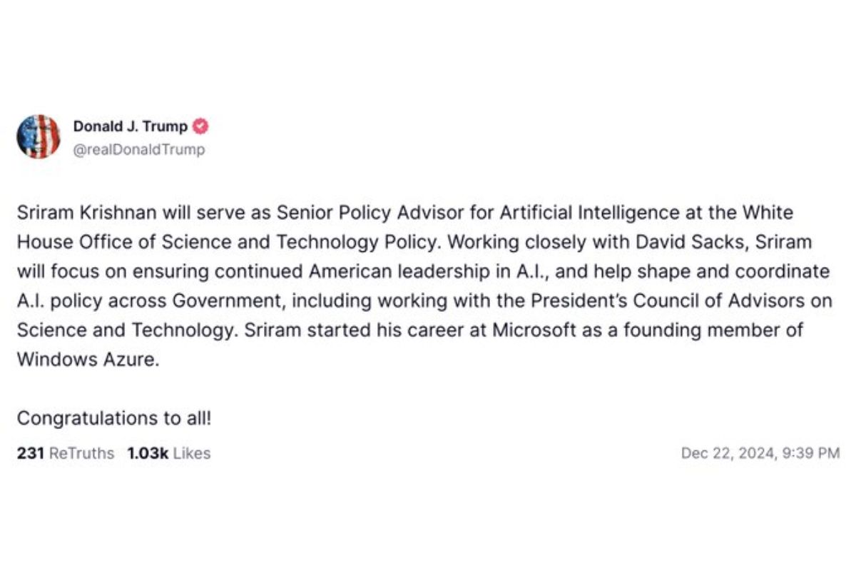 Who is Sriram Krishnan? Indian-American Appointed as Trump’s Senior AI Policy Advisor